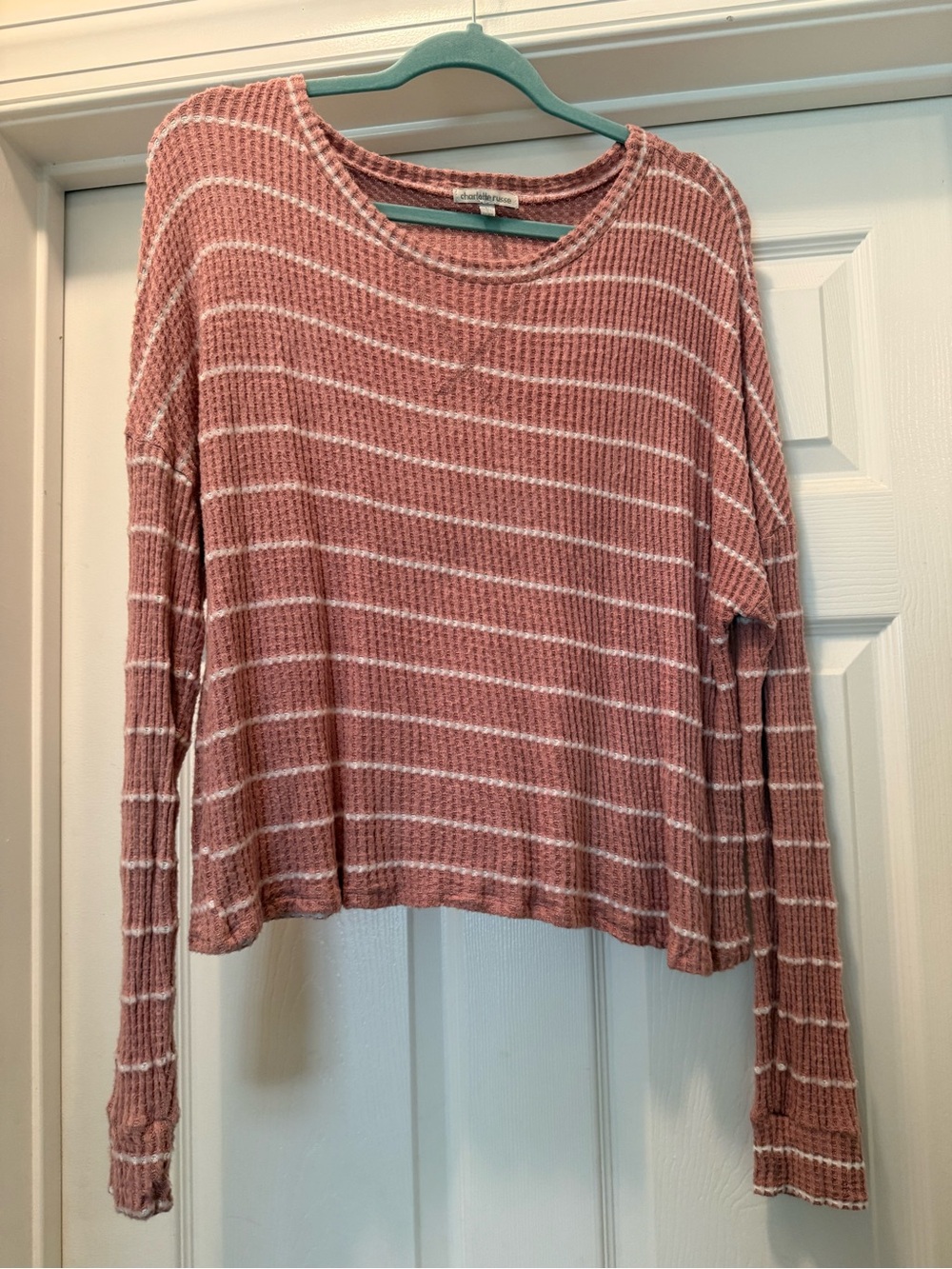 Charlotte Russe Dusty Rose & White Striped Waffle-Knit Long Sleeve Top